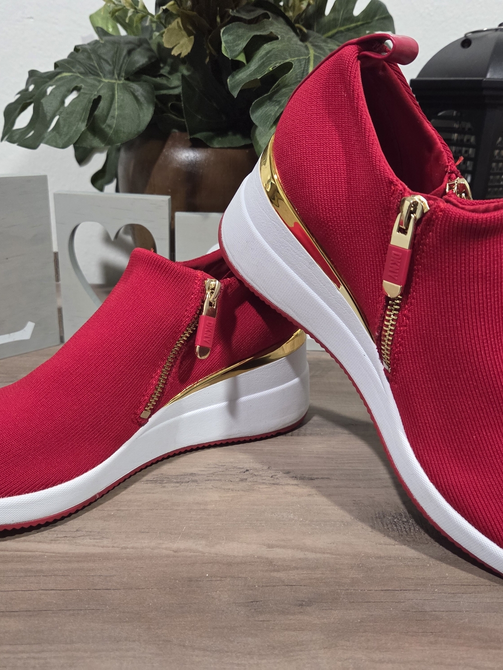DKNY Red Slip-On Wedge Sneakers with Gold Trim